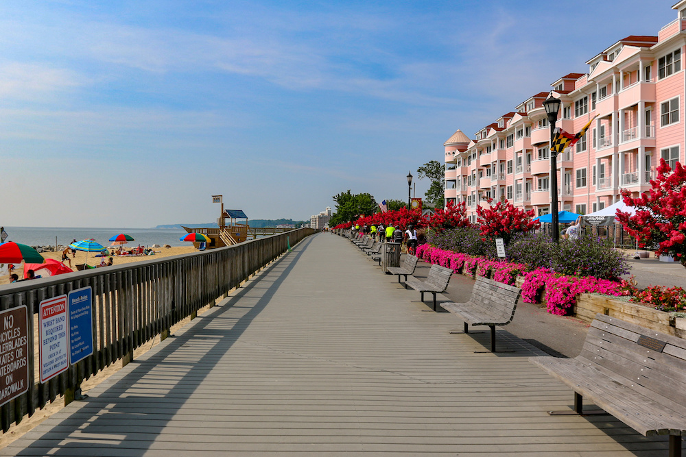 North Beach Maryland Boardwalk with annuals in Full Bloom